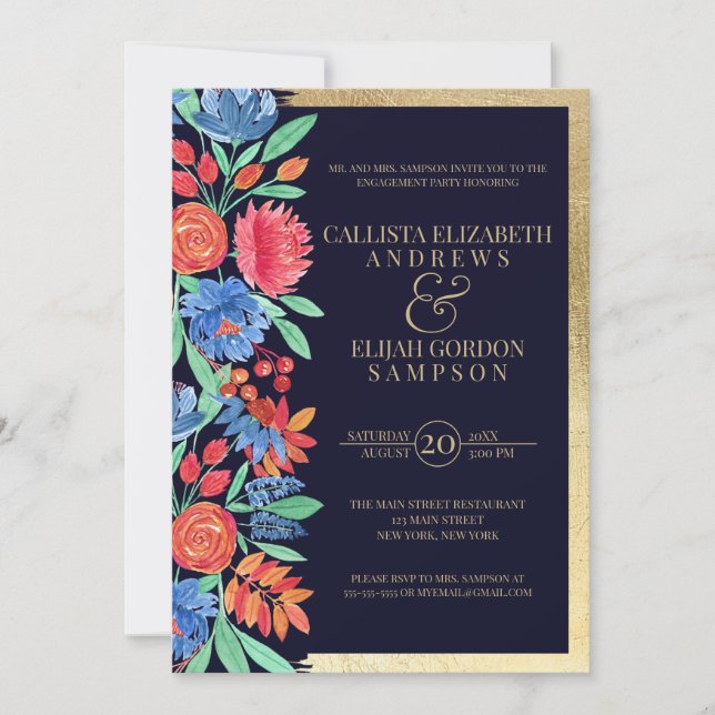 Invitación Compromiso de acuarela floral de oro azul coral (Anverso)