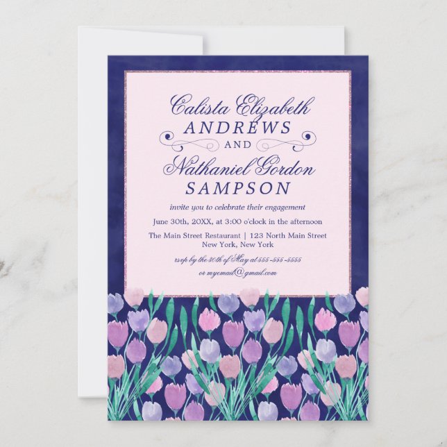 Invitación Compromiso de acuarela floral de tulipanes rosa az (Anverso)