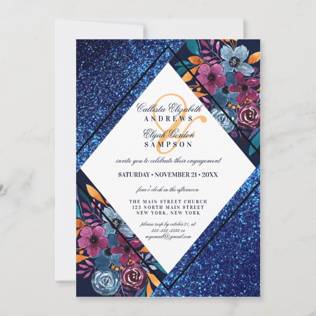 Invitación Compromiso de acuarela floral Purpurina azul de la (Anverso)
