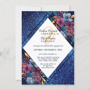 Invitación Compromiso de acuarela floral Purpurina azul de la