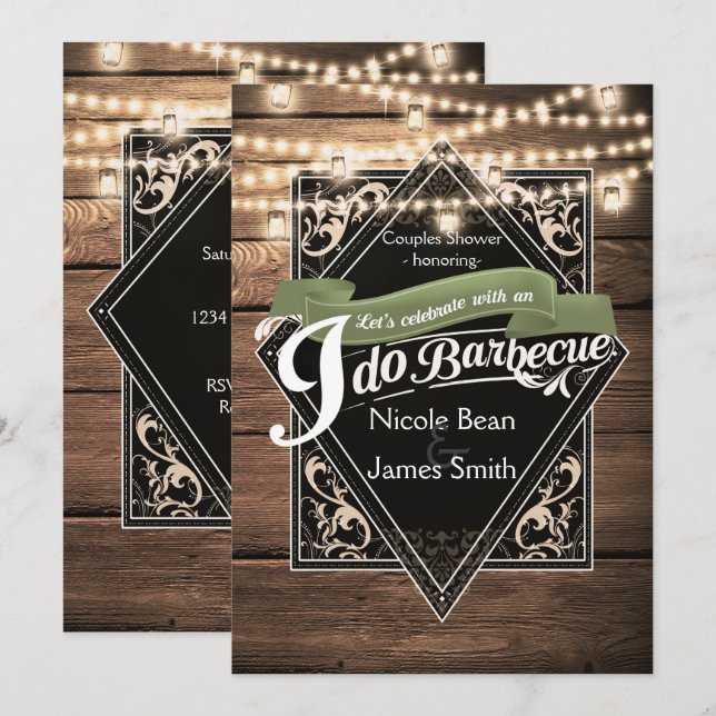 Invitación COMPROMISO de barbacoa BBQ madera rústica y luces (Anverso / Reverso)