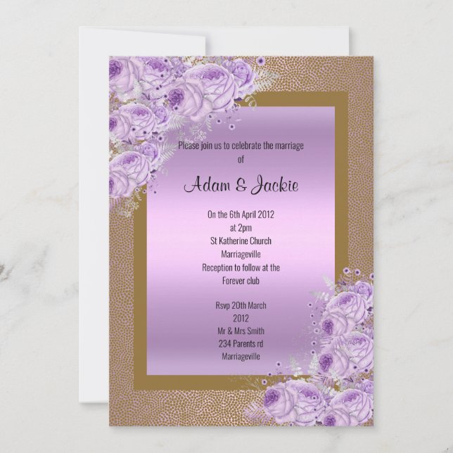 Invitación Compromiso de Boda Elegante Dorada Lilac Púrpura (Anverso)