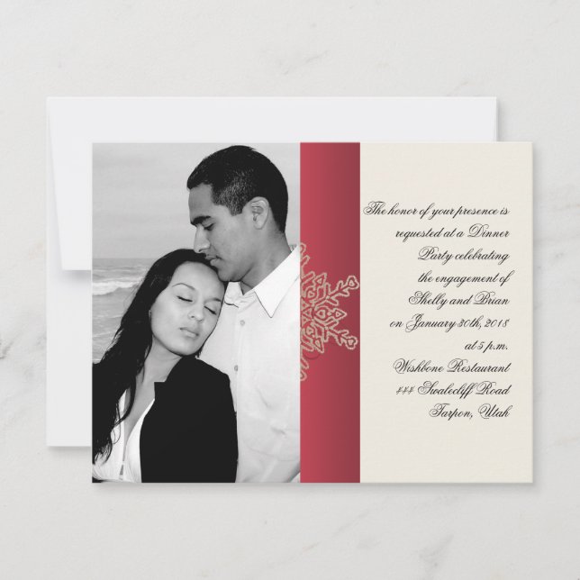 Invitación Compromiso de Bodas de copos de nieve rojos y dora (Anverso)