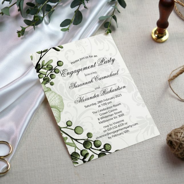 Invitación Compromiso de Boho Green Berry Wreath Damask (Subido por el creador)