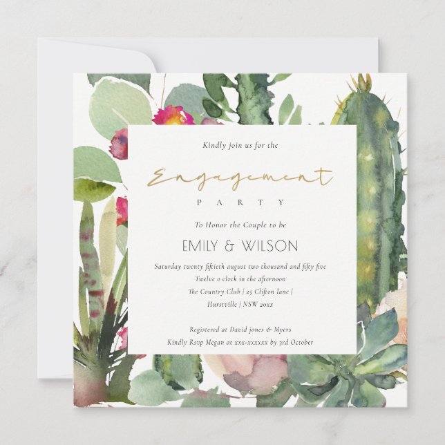 INVITACIÓN COMPROMISO DE BOHO PINK FLORAL CACTI FOLIAGEMENT (Anverso)