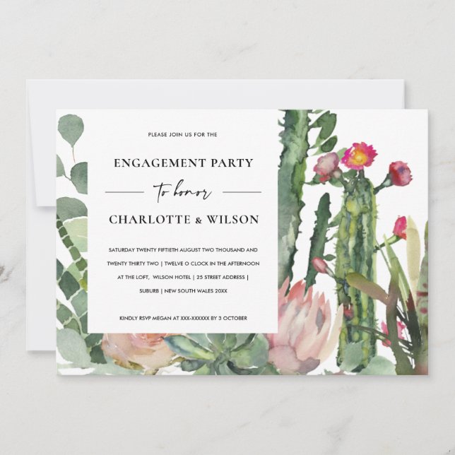 INVITACIÓN COMPROMISO DE BOHO WHITE PINK FLORAL CACTUS (Anverso)