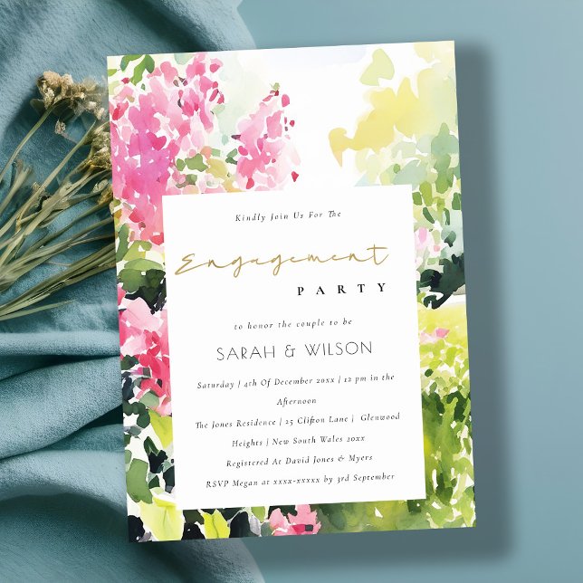 Invitación Compromiso de Bougainvillea Tropical Verde Rosa (Subido por el creador)