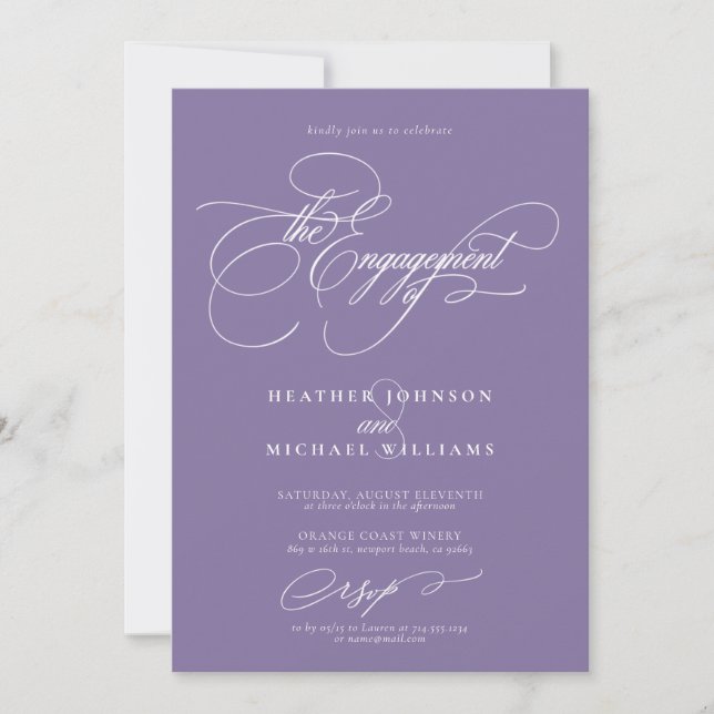 Invitación Compromiso de caligrafía de lavanda lilaca embelle (Anverso)