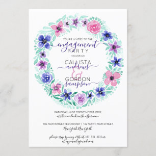 Invitación Compromiso de color de agua de flores moradas rosa