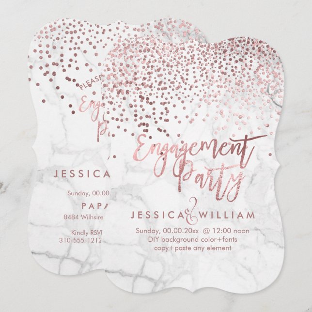 Invitación Compromiso de Confetti de oro de Marble Faux Rosa (Anverso / Reverso)