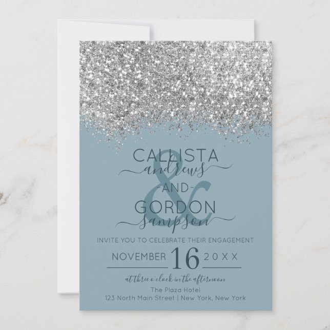 Invitación Compromiso de Confetti Purpurina azul de plata de  (Anverso)
