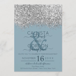 Invitación Compromiso de Confetti Purpurina azul de plata de