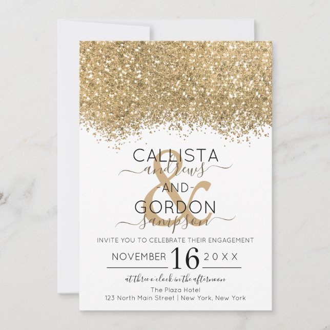 Invitación Compromiso de Confetti Purpurina blanco de oro de  (Anverso)