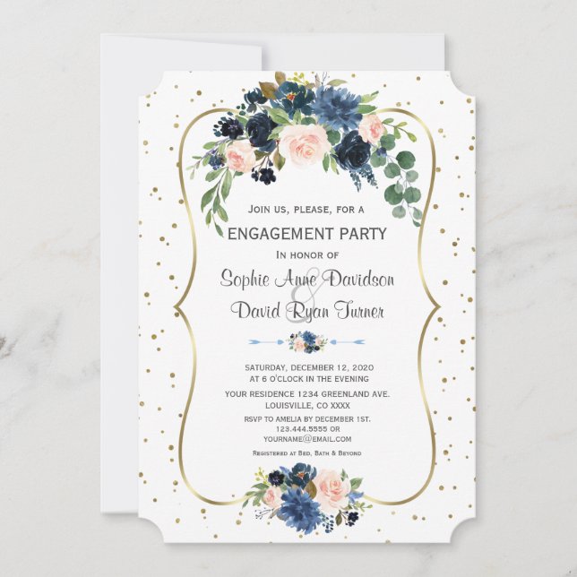 Invitación Compromiso de Confetti Purpurina Floral Gold de Ru (Anverso)