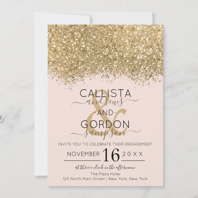 Invitación Compromiso de Confetti Purpurina Rosa de Oro de Lu (Anverso)