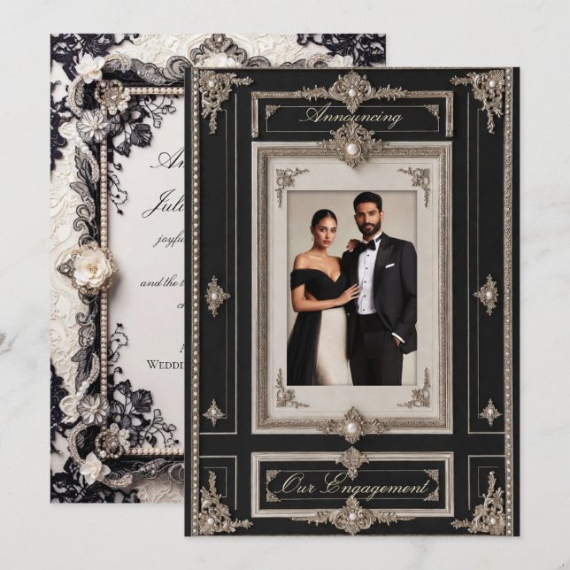 Invitación Compromiso de Corbata Negra Elegante Foto en Blanc (Anverso / Reverso)