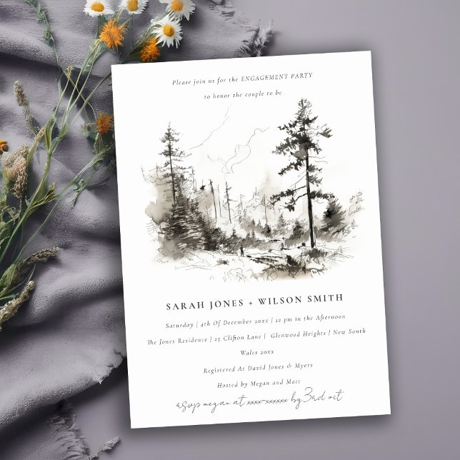 Invitación Compromiso de esbozo de paisaje de montaña de Pine (Subido por el creador)