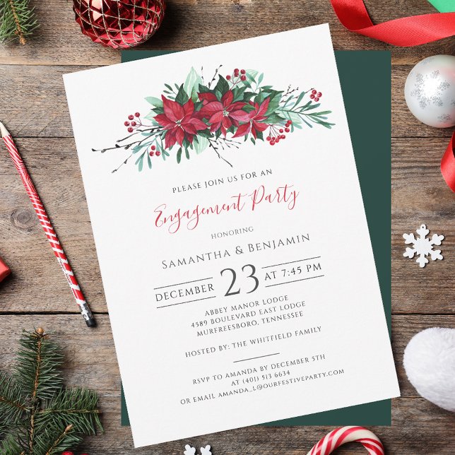 Invitación Compromiso de escritura floral Fiesta navidades (Christmas Party Floral Script Engagement Invitation)