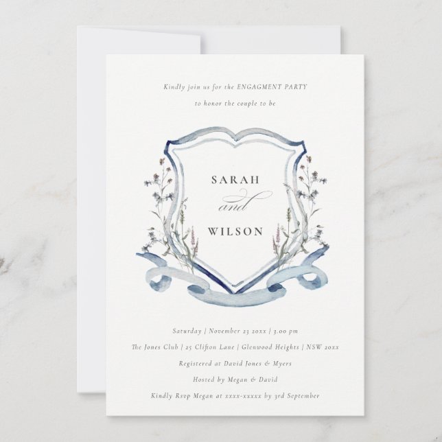 Invitación Compromiso de Escudo Aqua Blue Wildflower Watercol (Anverso)