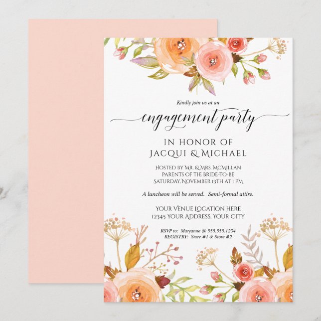 Invitación Compromiso de fiesta acuarela Floral Rose Bouquet (Anverso / Reverso)