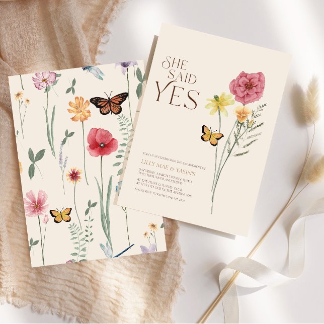 Invitación Compromiso de Flor Silvestre Amarilla Rosa Ella Di (Pink Yellow Wildflower She Said Yes Engagement Invitation)