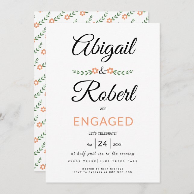 Invitación Compromiso de flores de melocotón manuscritas (Anverso / Reverso)