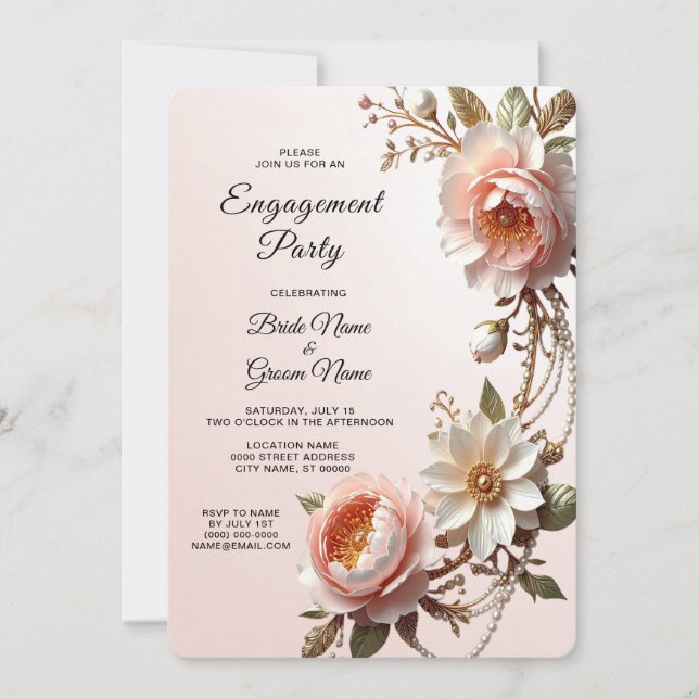 Invitación Compromiso de flores decorativas rosadas y blancas (Anverso)
