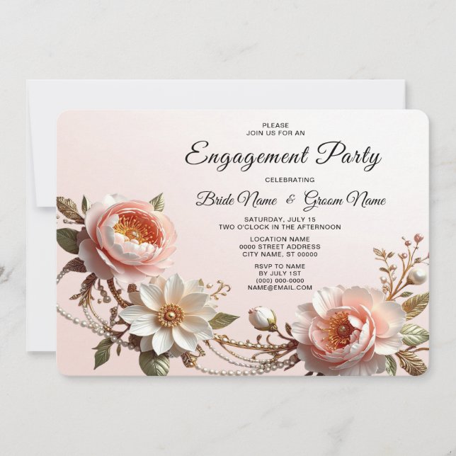 Invitación Compromiso de flores decorativas rosadas y blancas (Anverso)