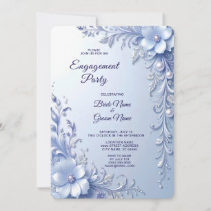 Invitación Compromiso de Flores Ornamentadas Azules con Perla