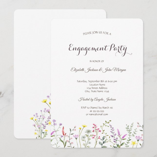 Invitación Compromiso de flores silvestres acuarela  (Anverso / Reverso)