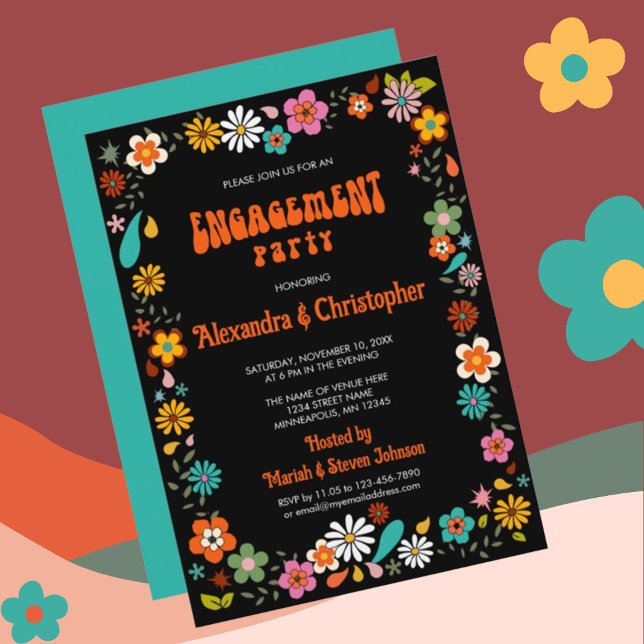 Invitación Compromiso de fondo negro funky inspirado en los a (Subido por el creador)