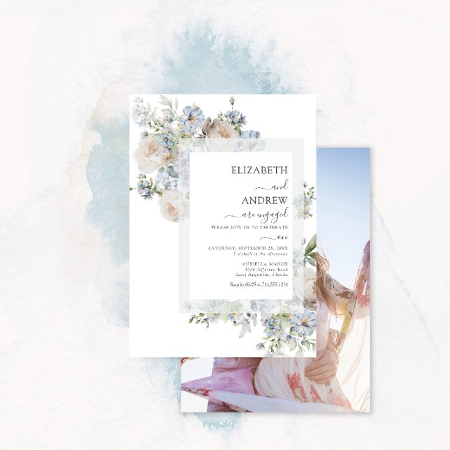 Invitación Compromiso de fotos con flores rosadas Dusty Blue  (Subido por el creador)