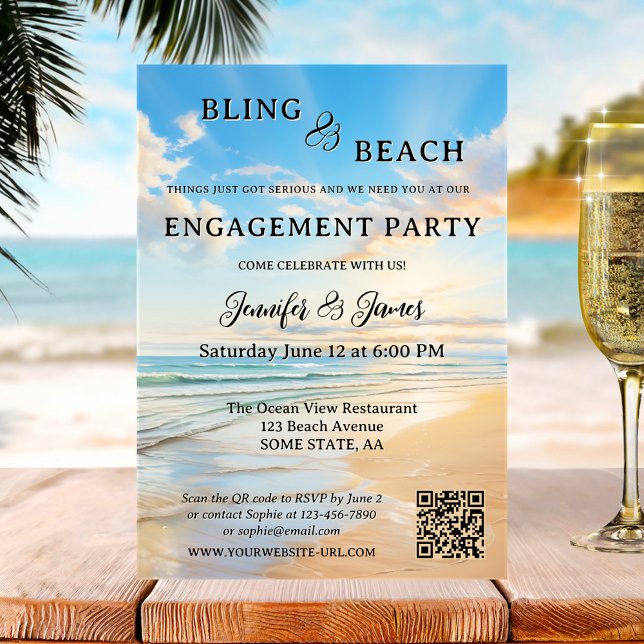 Invitación Compromiso de fotos de Bling y Beach (Modern engagement party invitation featuring a watercolor painting of a beach on a beautiful day)