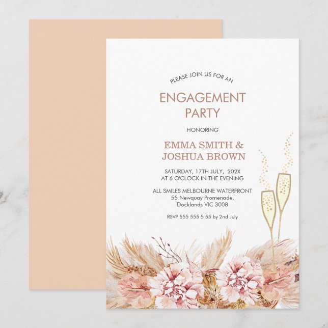 Invitación Compromiso de Gafas de Grasa Boho Floral Pampas (Anverso / Reverso)