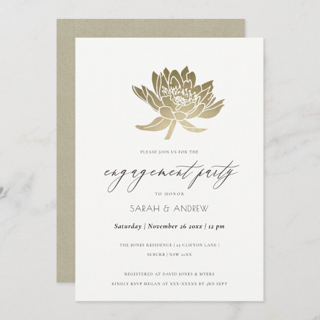 INVITACIÓN COMPROMISO DE GLAMOROUS PALE GOLD WHITE KRAFT LOTU (Anverso / Reverso)