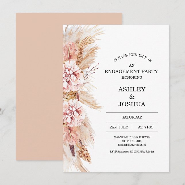 Invitación Compromiso de Grass de Rubor Floral Boho Pampas (Anverso / Reverso)