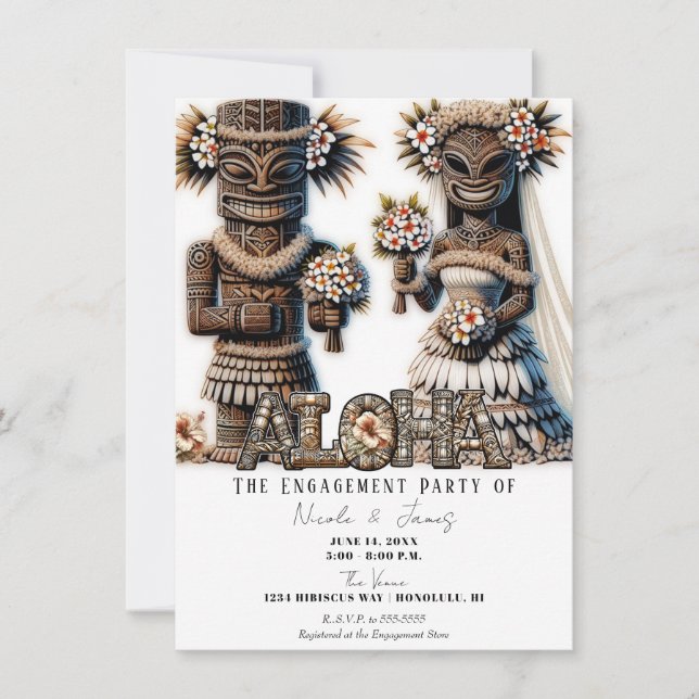 Invitación Compromiso de la novia Tiki Groom en la Polinesia  (Anverso)