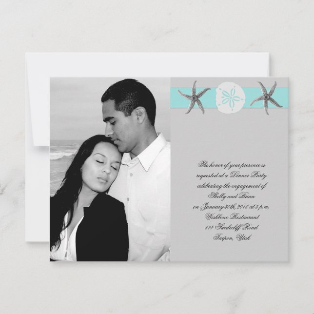 Invitación Compromiso de los Bodas Aqua y Gray Band Starfish (Anverso)