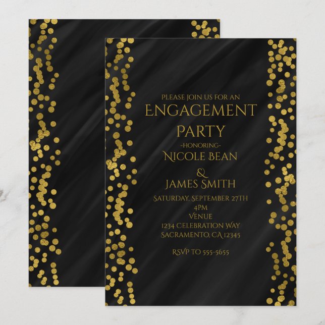 Invitación Compromiso de los Bodas de Glam Moderno Black & Fa (Anverso / Reverso)