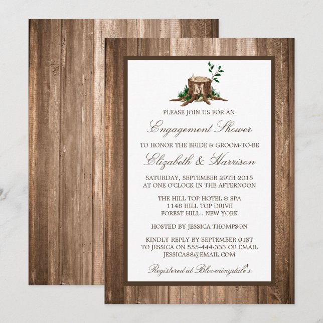 Invitación Compromiso de madera de árbol de monograma rústico (Anverso / Reverso)