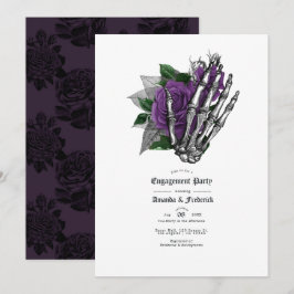 Invitación Compromiso de Mano de Esqueleto Gótico y Rosa Púrp