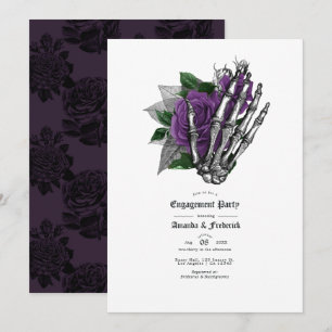 Invitación Compromiso de Mano de Esqueleto Gótico y Rosa Púrp