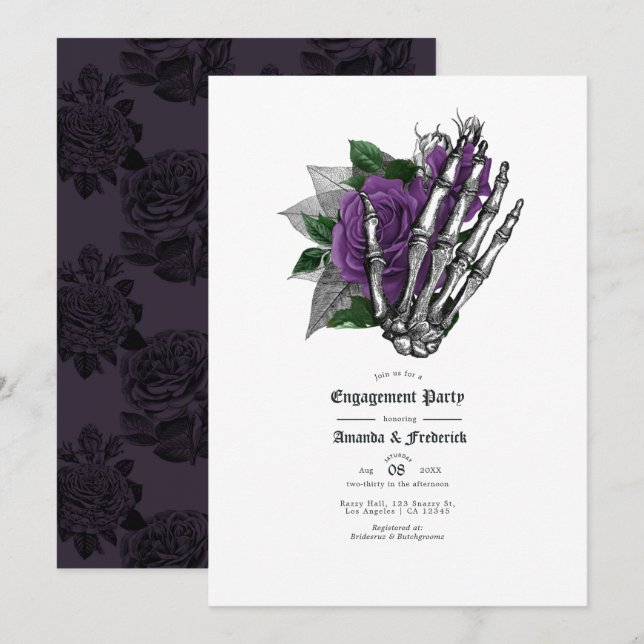 Invitación Compromiso de Mano de Esqueleto Gótico y Rosa Púrp (Anverso / Reverso)