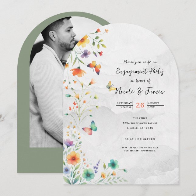 Invitación Compromiso de mariposa floral colorida (Anverso / Reverso)