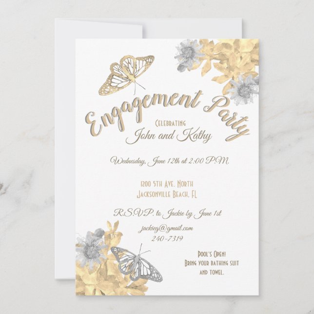 Invitación Compromiso de mariposas doradas y plateadas (Anverso)