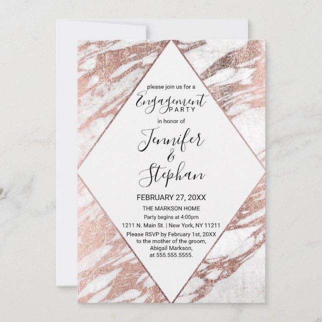 Invitación Compromiso de mármol moderno y blanco de oro de Ro (Anverso)