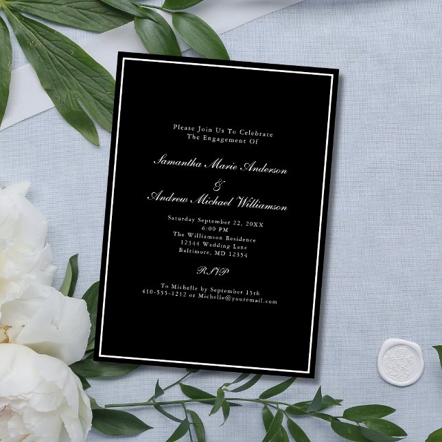 Invitación Compromiso de matrimonio elegante formal blanco ne (Black White Formal Elegant Classic Engagement Party Invitation)