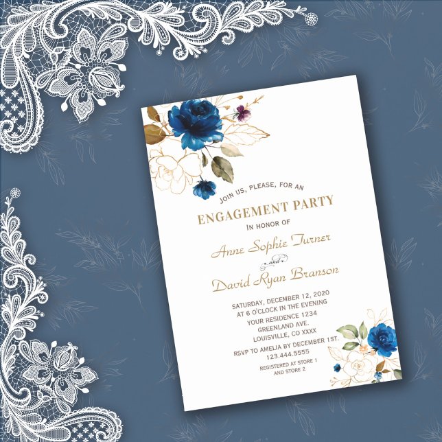 Invitación Compromiso de monograma floral de oro azul caprich (Subido por el creador)
