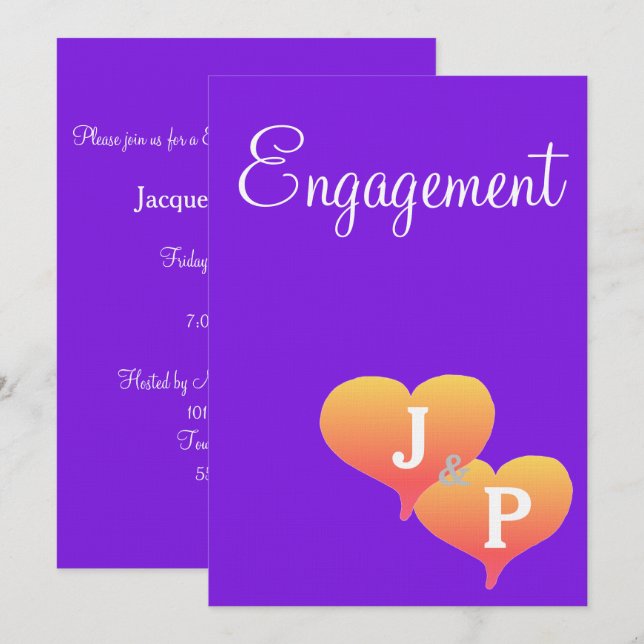 Invitación Compromiso de monograma violeta de Sunset Hearts (Anverso / Reverso)