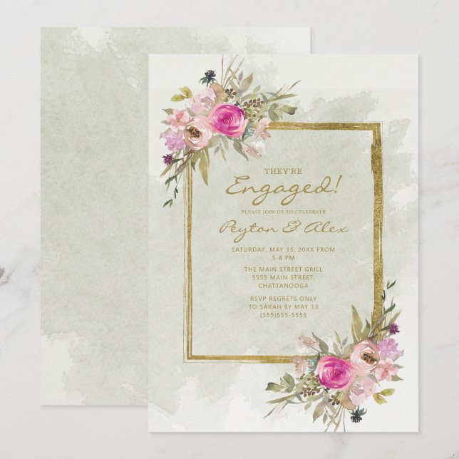 Invitación Compromiso de oro con hojas de salvia verde púrpur (Anverso / Reverso)